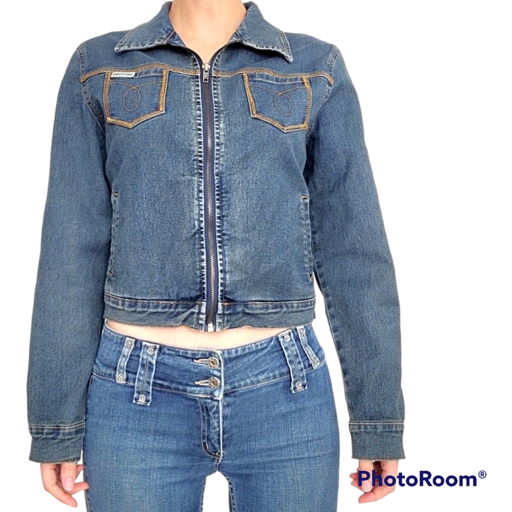 Dark Blue Max Studio Dirty wash Denim Jean Zip Up Bomber Jacket Size S